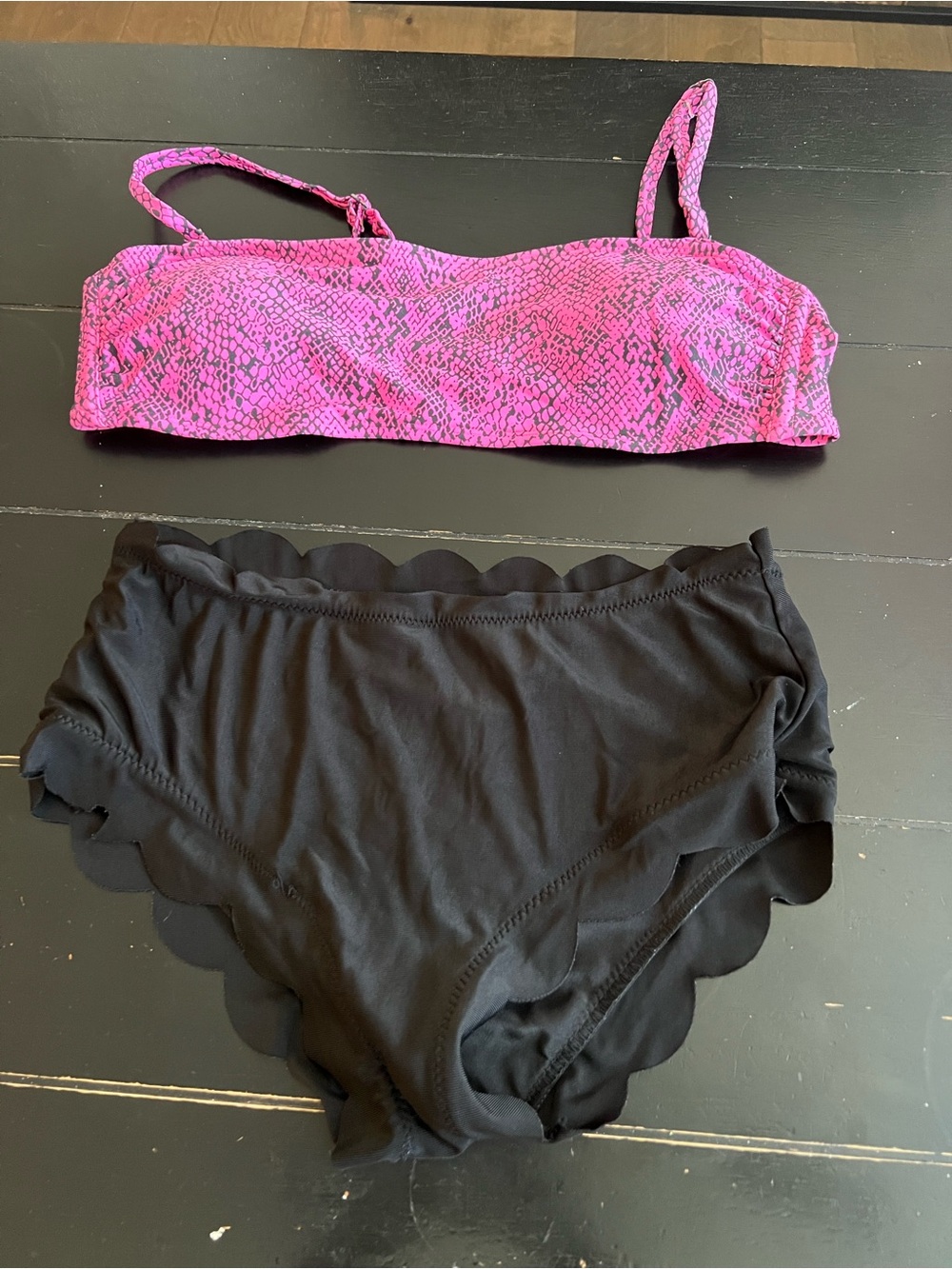 Xhilaration Pink Snake-Print Bandeau Bikini with Black Scalloped Bottoms